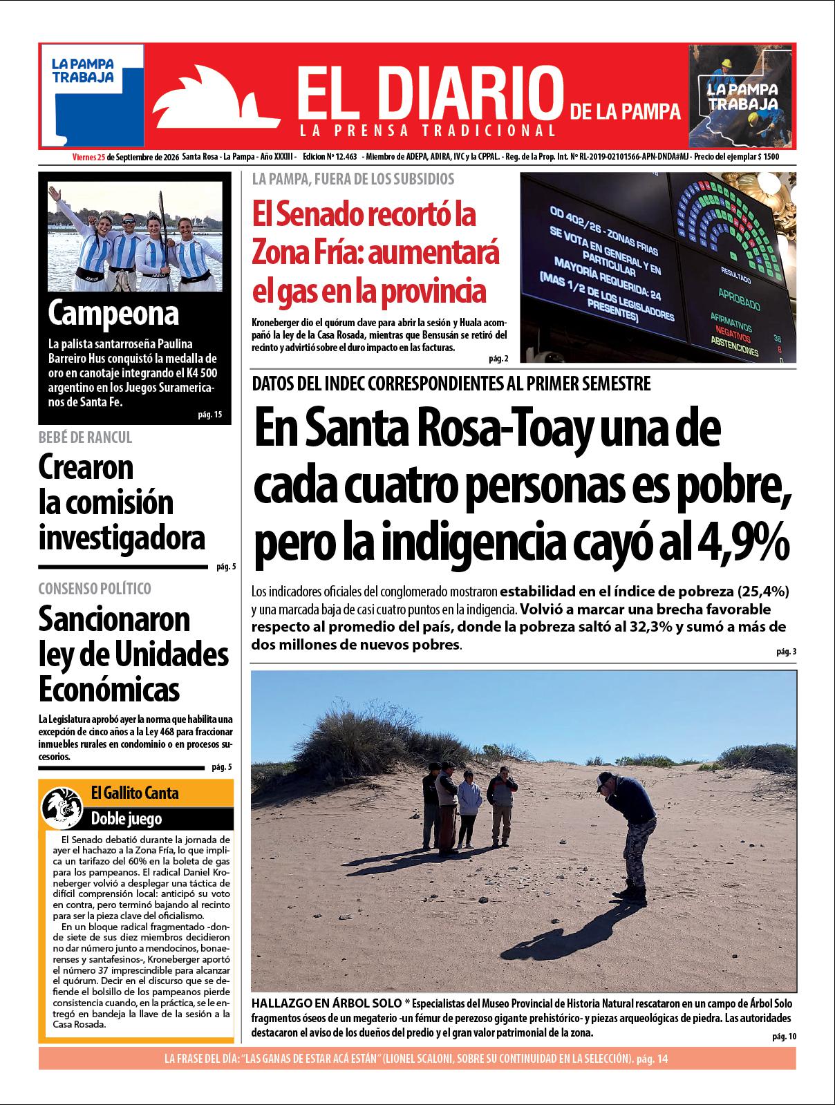 Tapa de El Diario en papel  viernes 25 de septiembre de 2026